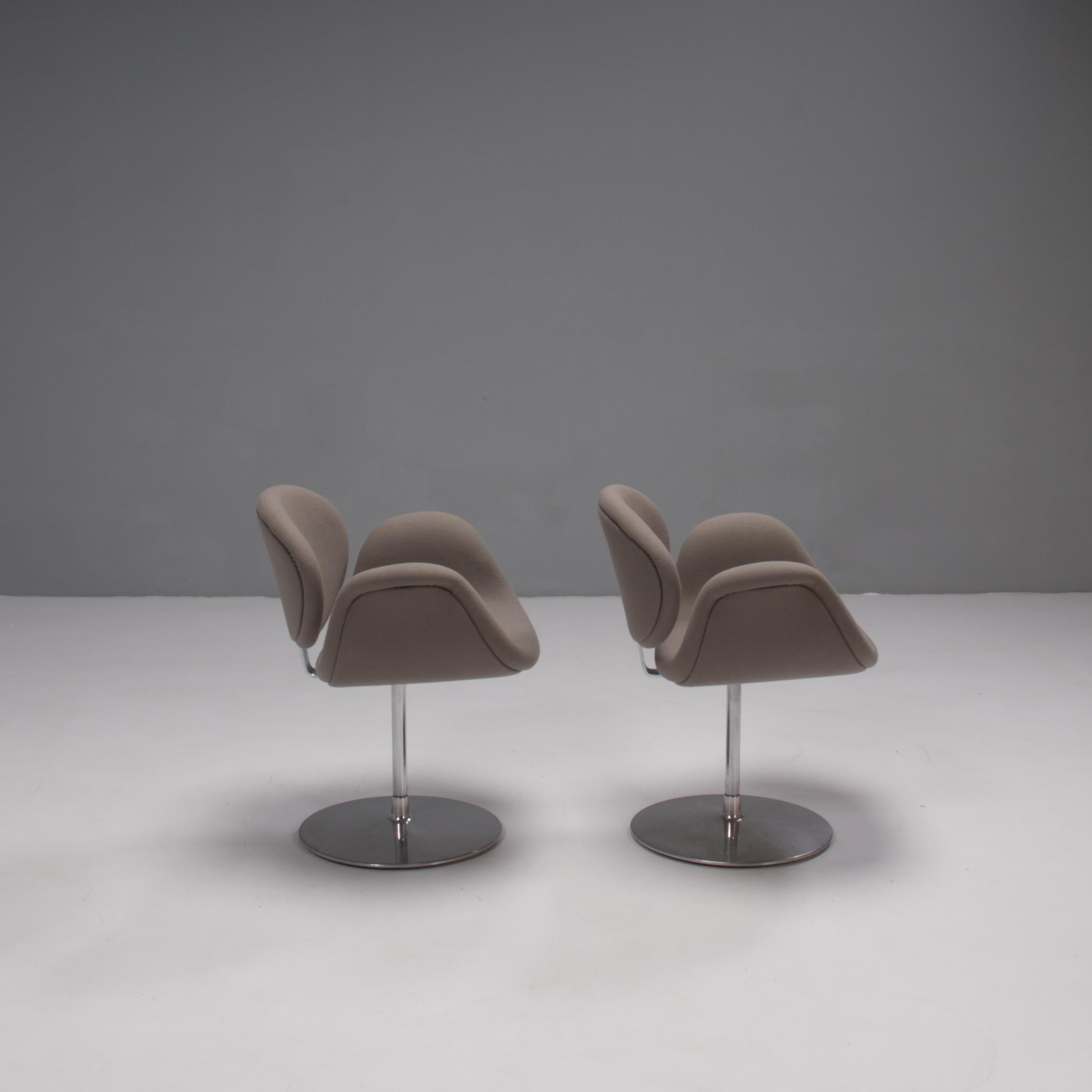 Dutch Artifort by Pierre Paulin Grey Fabric Little Tulip Swivel Chairs, Set of 2
