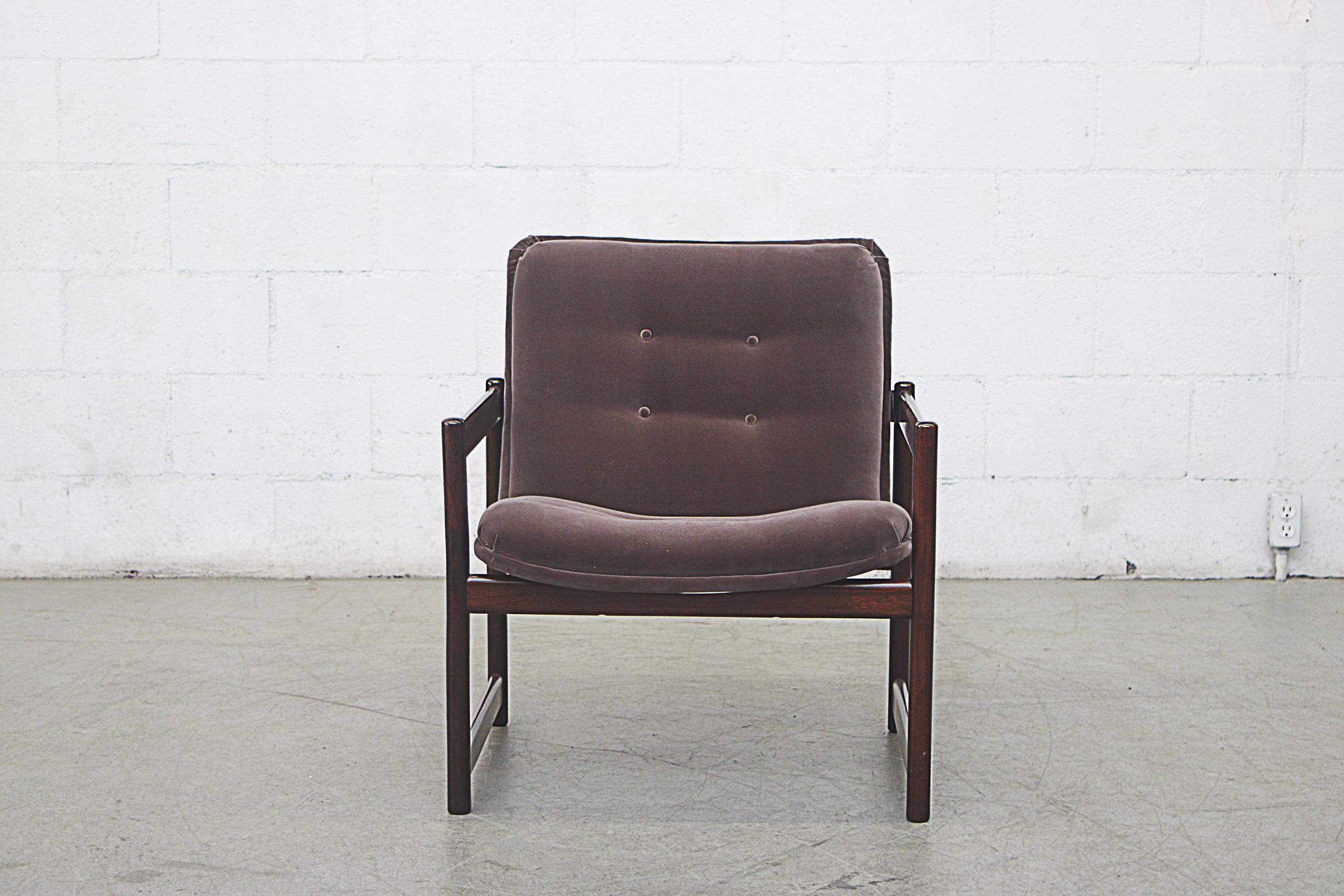 Handsome mahogany square framed Artifort lounge chair in new grey velvet upholstery.