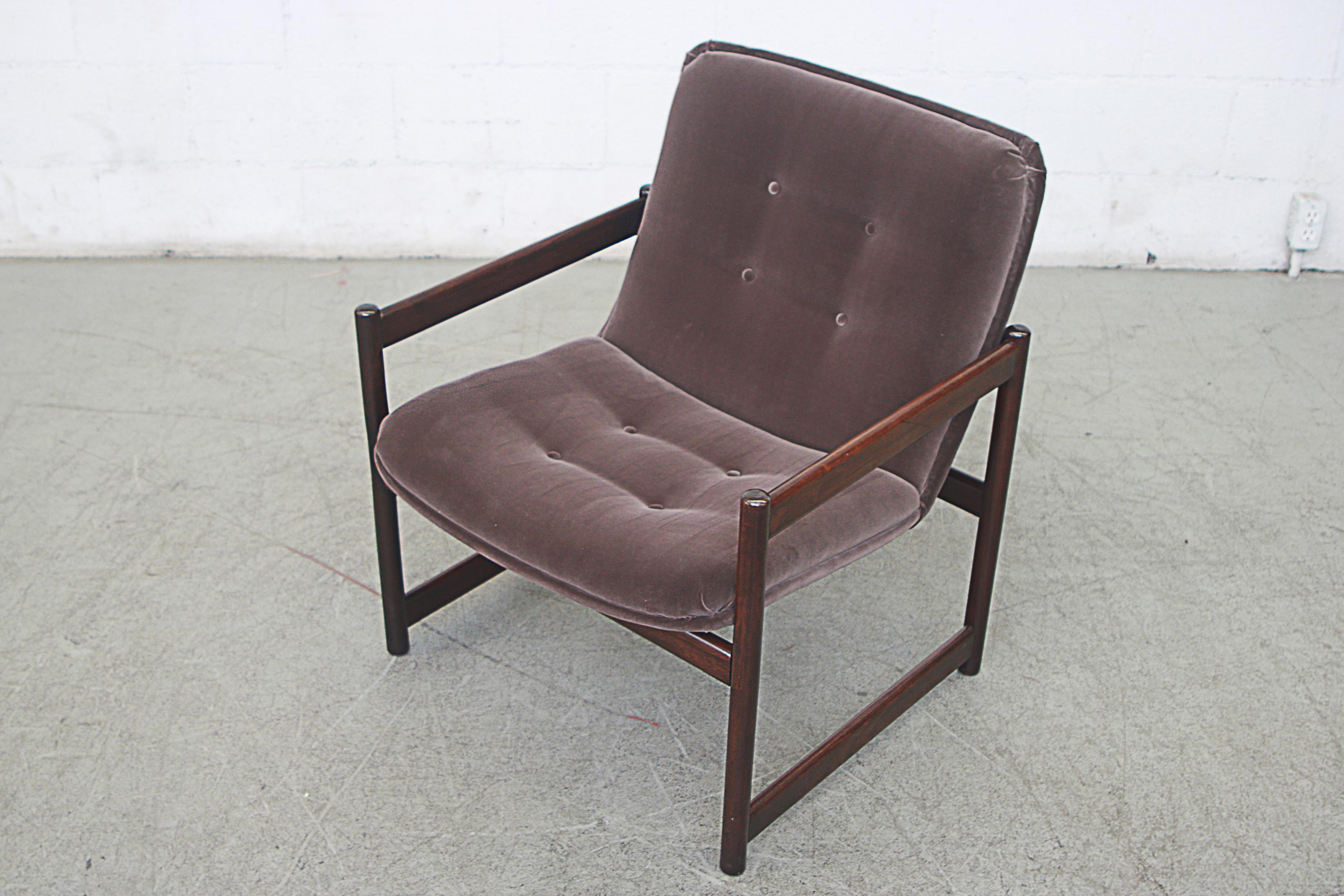 Velvet Artifort Lounge Chair with Mahogany Cube Frame