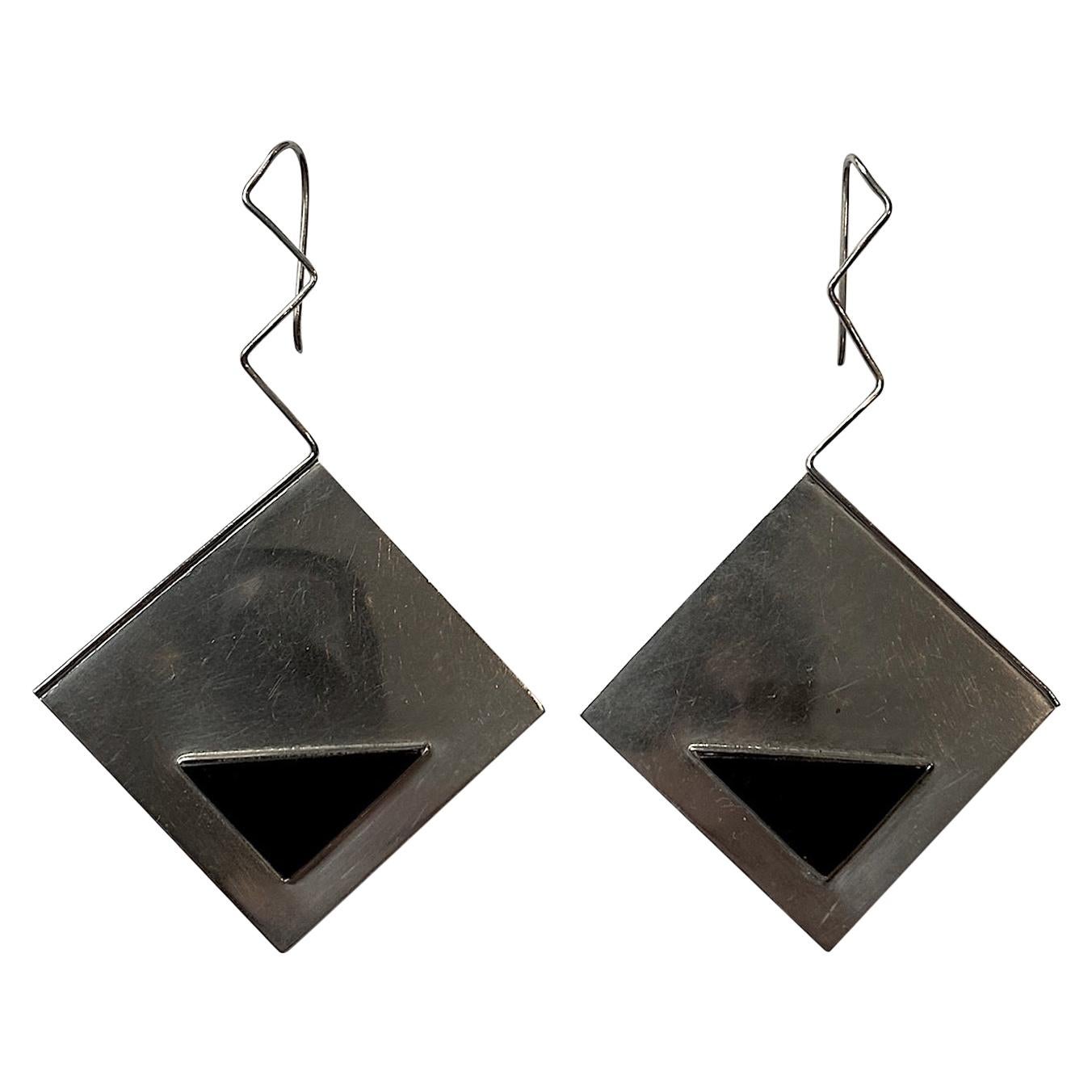 Artiginal 1980s Sterling Silver & Onyx Geometric Pendant Earrings