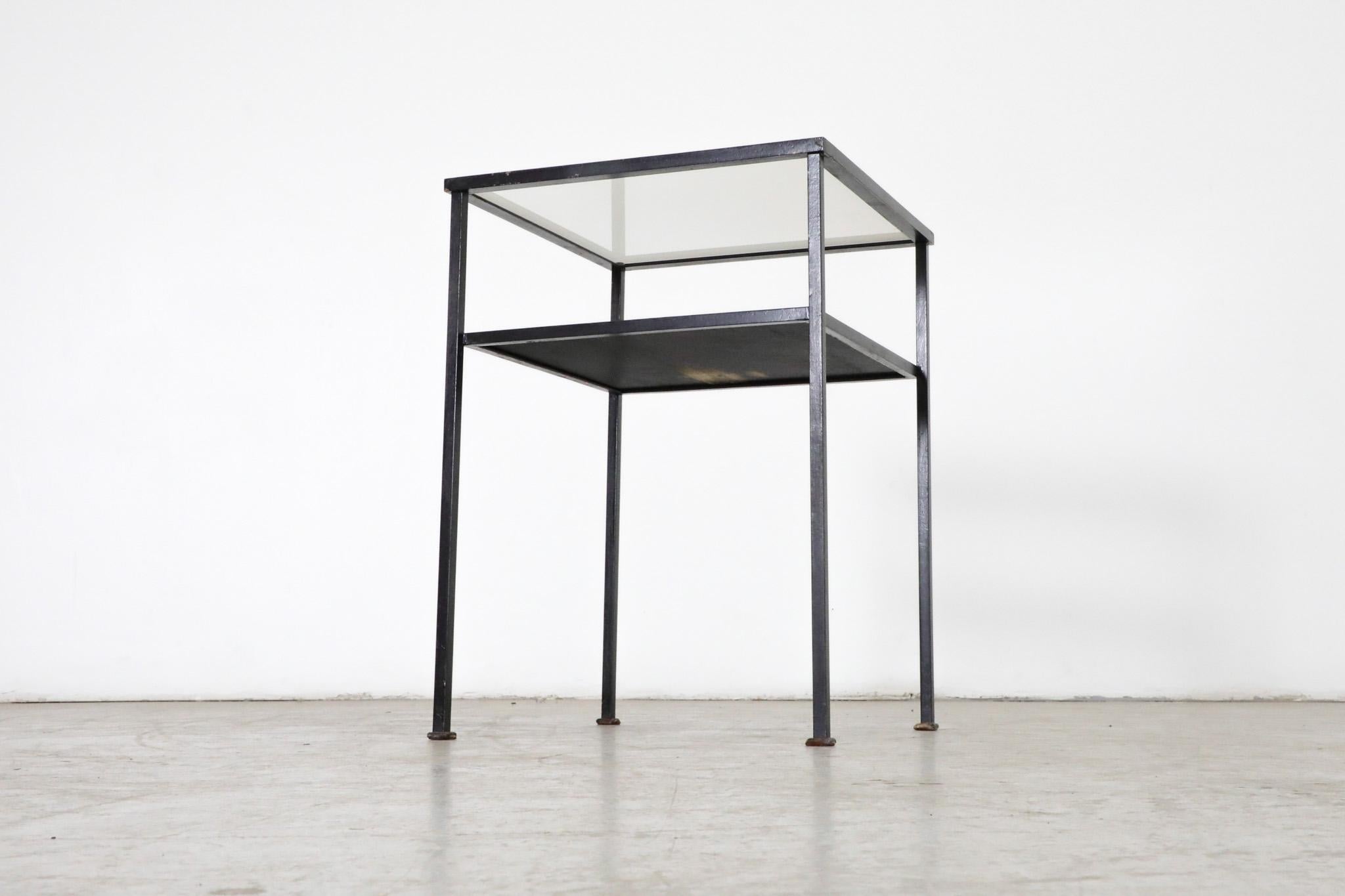 Artimeta Two Tiered Black and White Glass and Metal Side Table In Good Condition For Sale In Los Angeles, CA