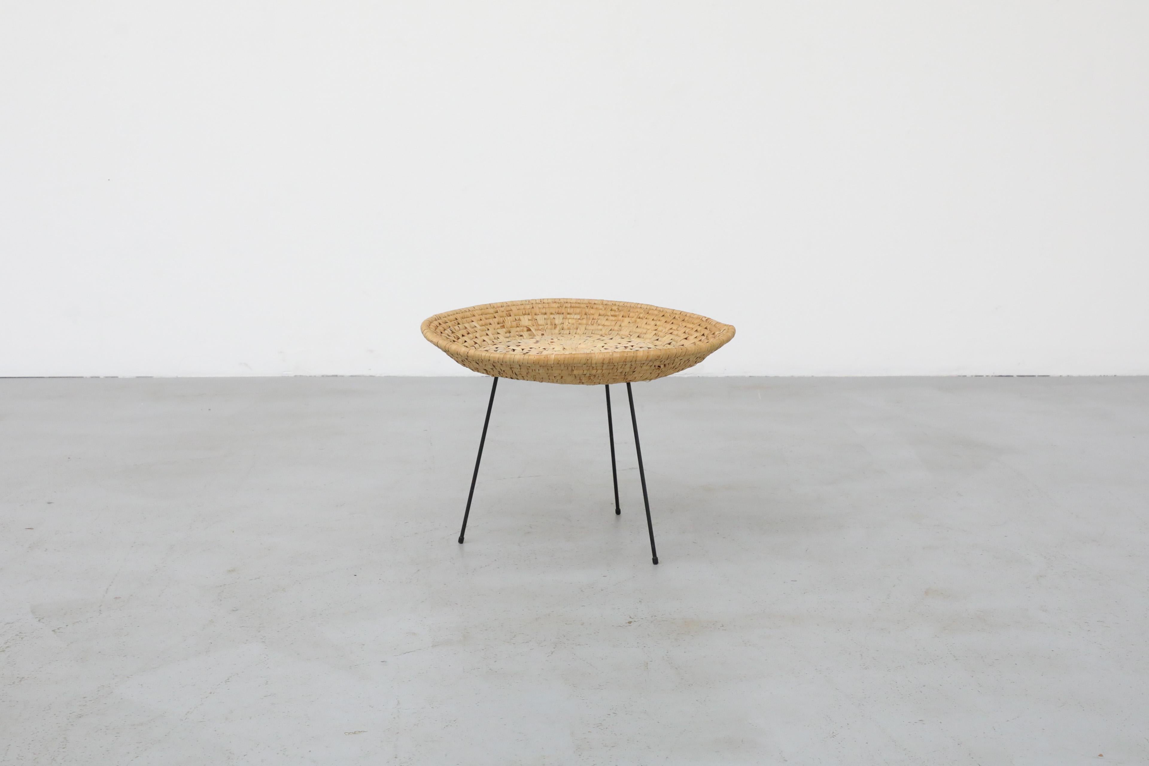 Mid-Century Modern Artimeta Woven Seagrass Standing Shallow Catch-All Basket with Black Metal Legs