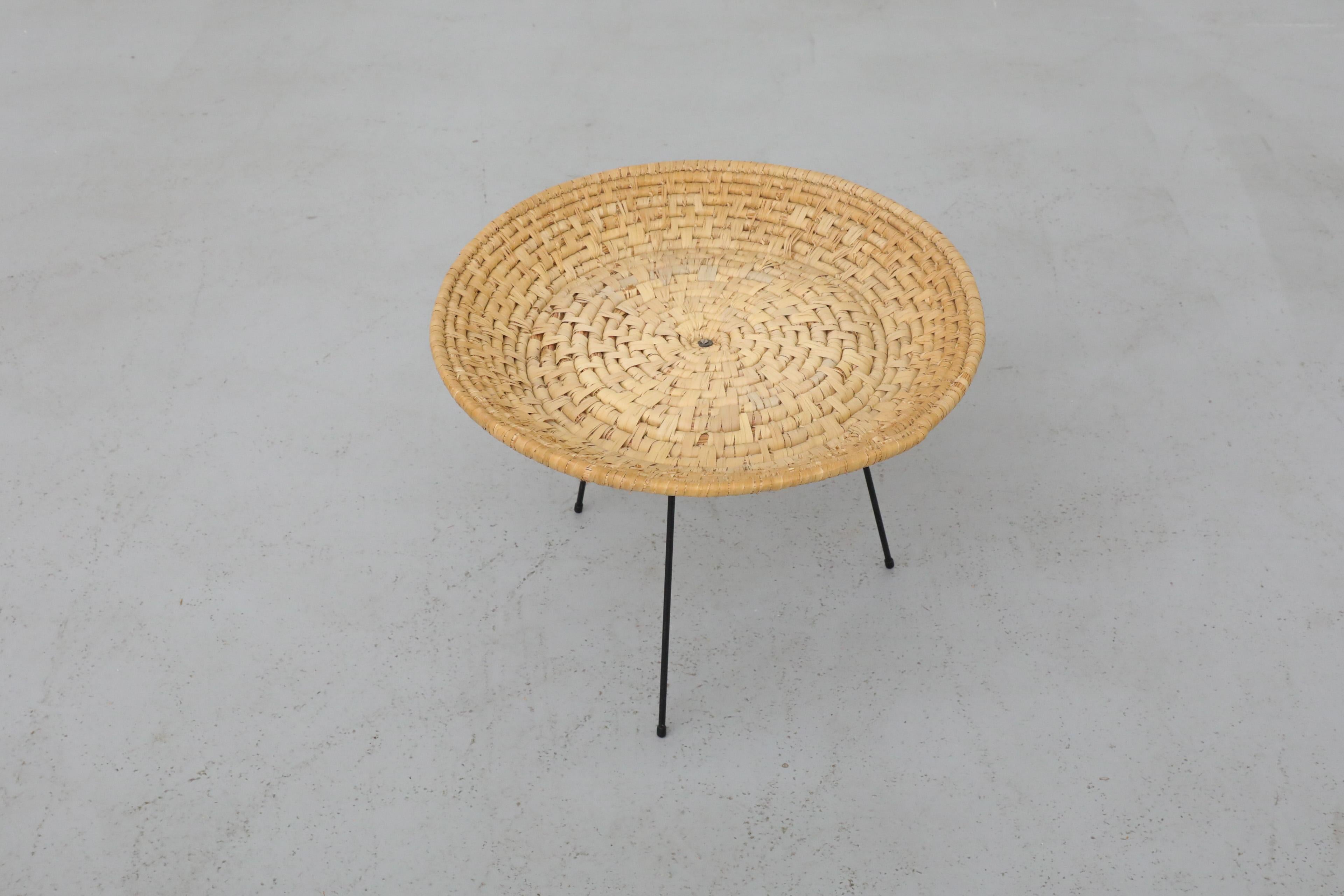 20th Century Artimeta Woven Seagrass Standing Shallow Catch-All Basket with Black Metal Legs