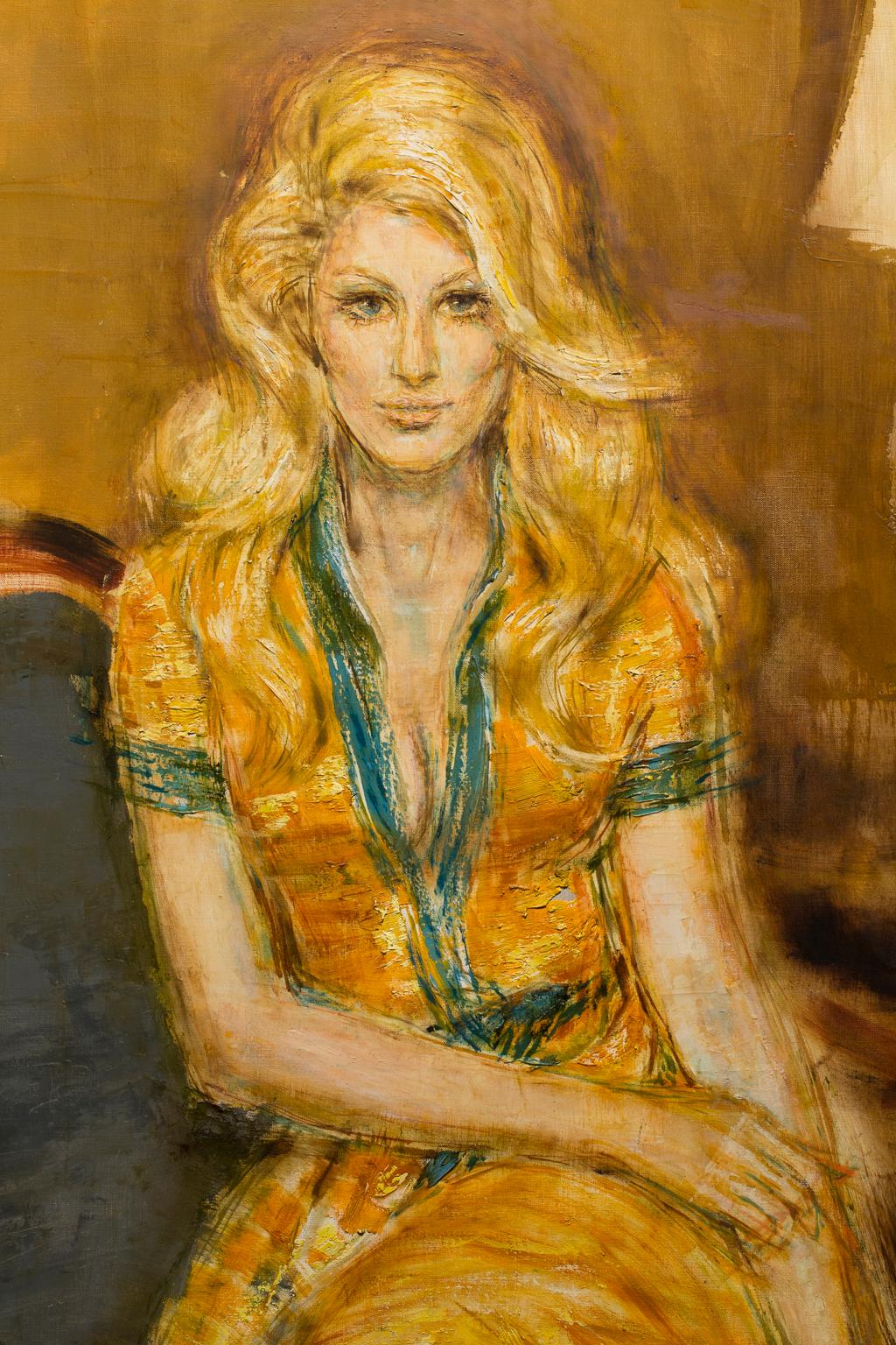 „Baby Jane Holzer“  Frauenporträt, goldene und grüne Farben, Celebrity, intim, weiblich – Painting von Artis Lane