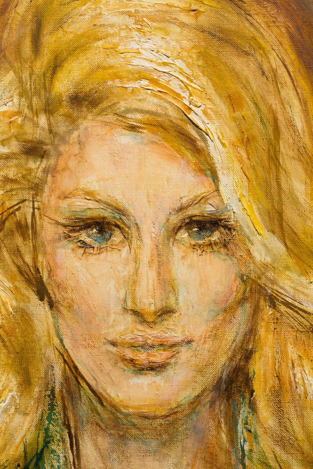 „Baby Jane Holzer“  Frauenporträt, goldene und grüne Farben, Celebrity, intim, weiblich (Moderne), Painting, von Artis Lane