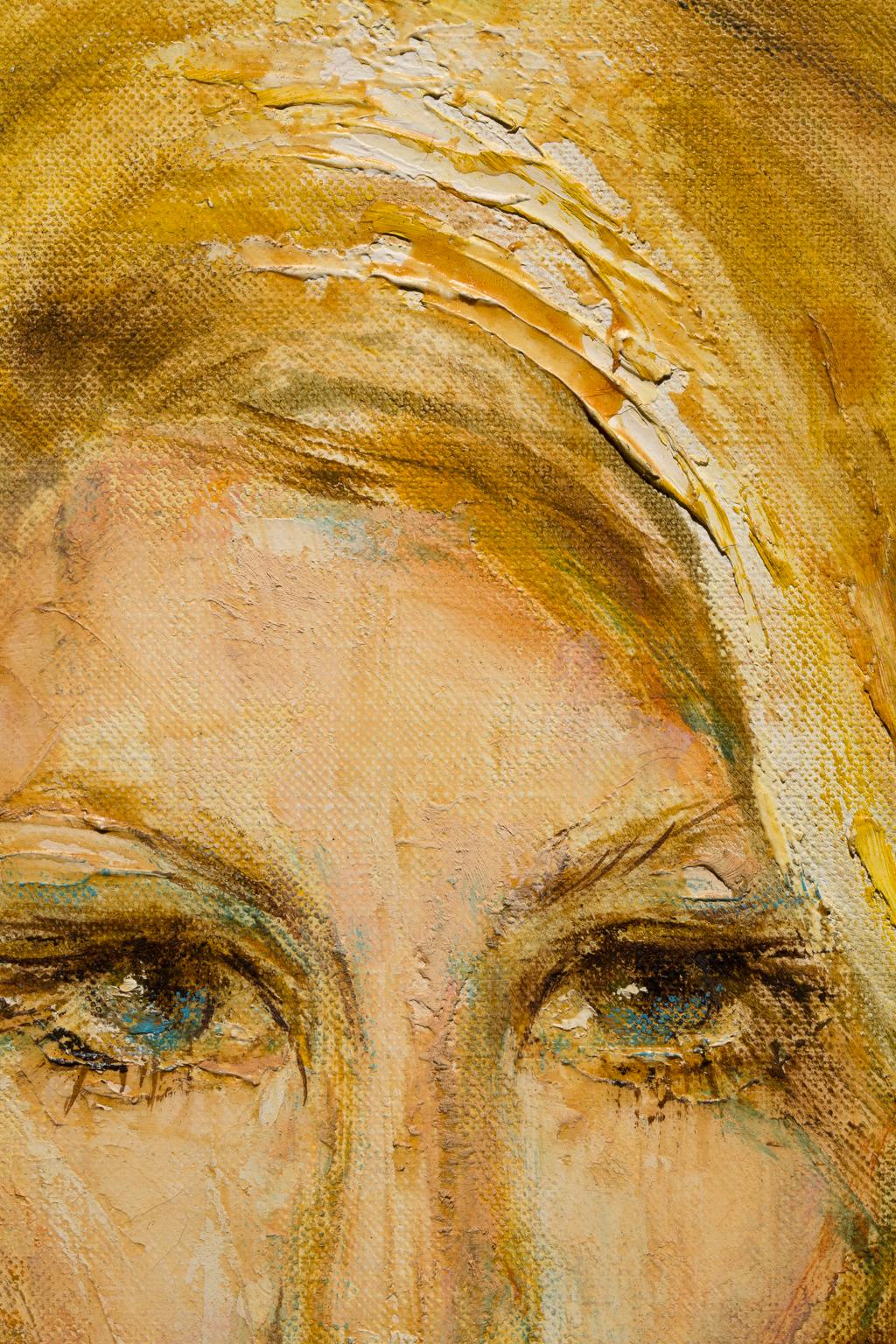 „Baby Jane Holzer“  Frauenporträt, goldene und grüne Farben, Celebrity, intim, weiblich (Braun), Figurative Painting, von Artis Lane