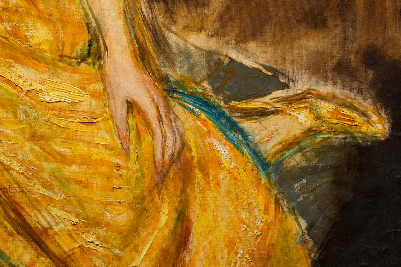„Baby Jane Holzer“  Frauenporträt, goldene und grüne Farben, Celebrity, intim, weiblich im Angebot 2