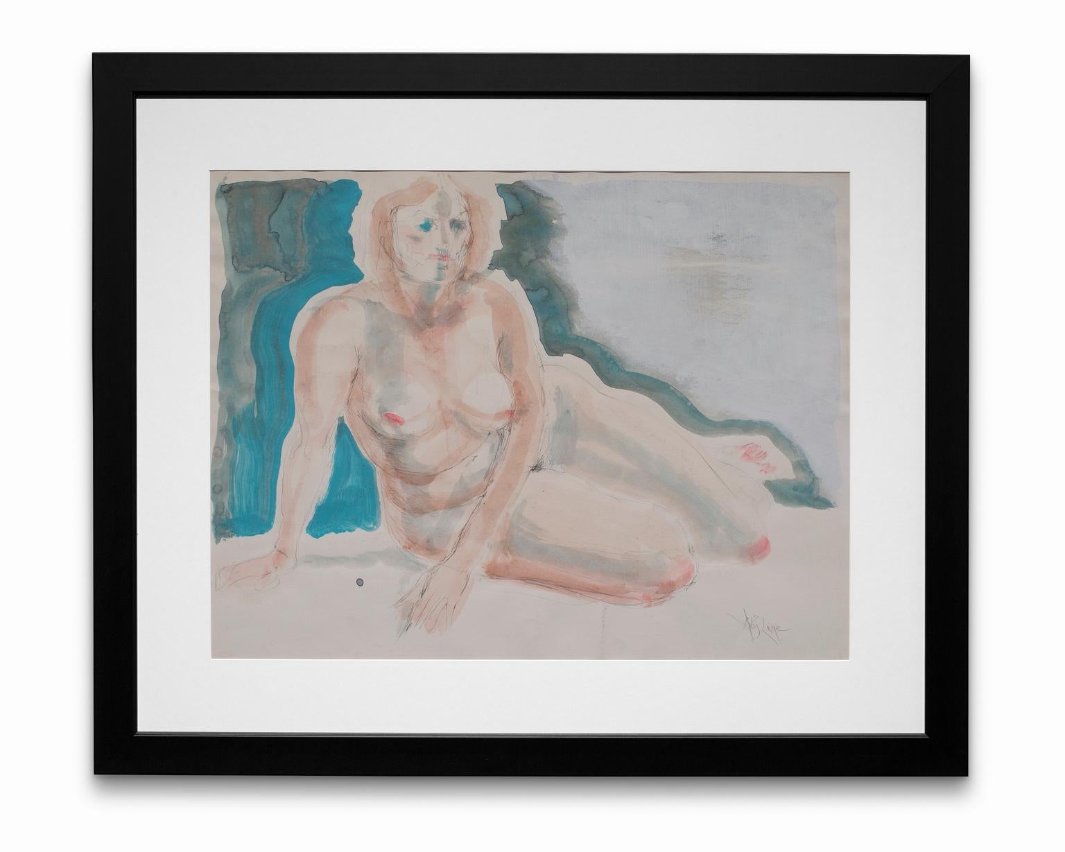 Artis Lane Nude Painting - "Blue Nude", Watercolor and Graphite on Paper