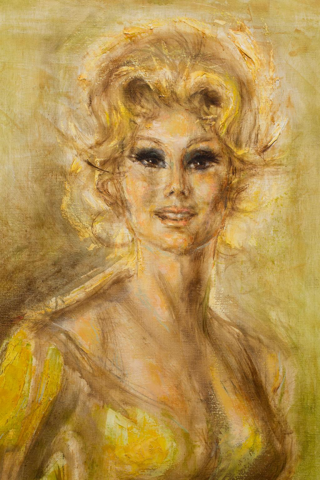 „Eva Gabor“ Weibliches Porträt, goldene Farben, Filmstar – Painting von Artis Lane