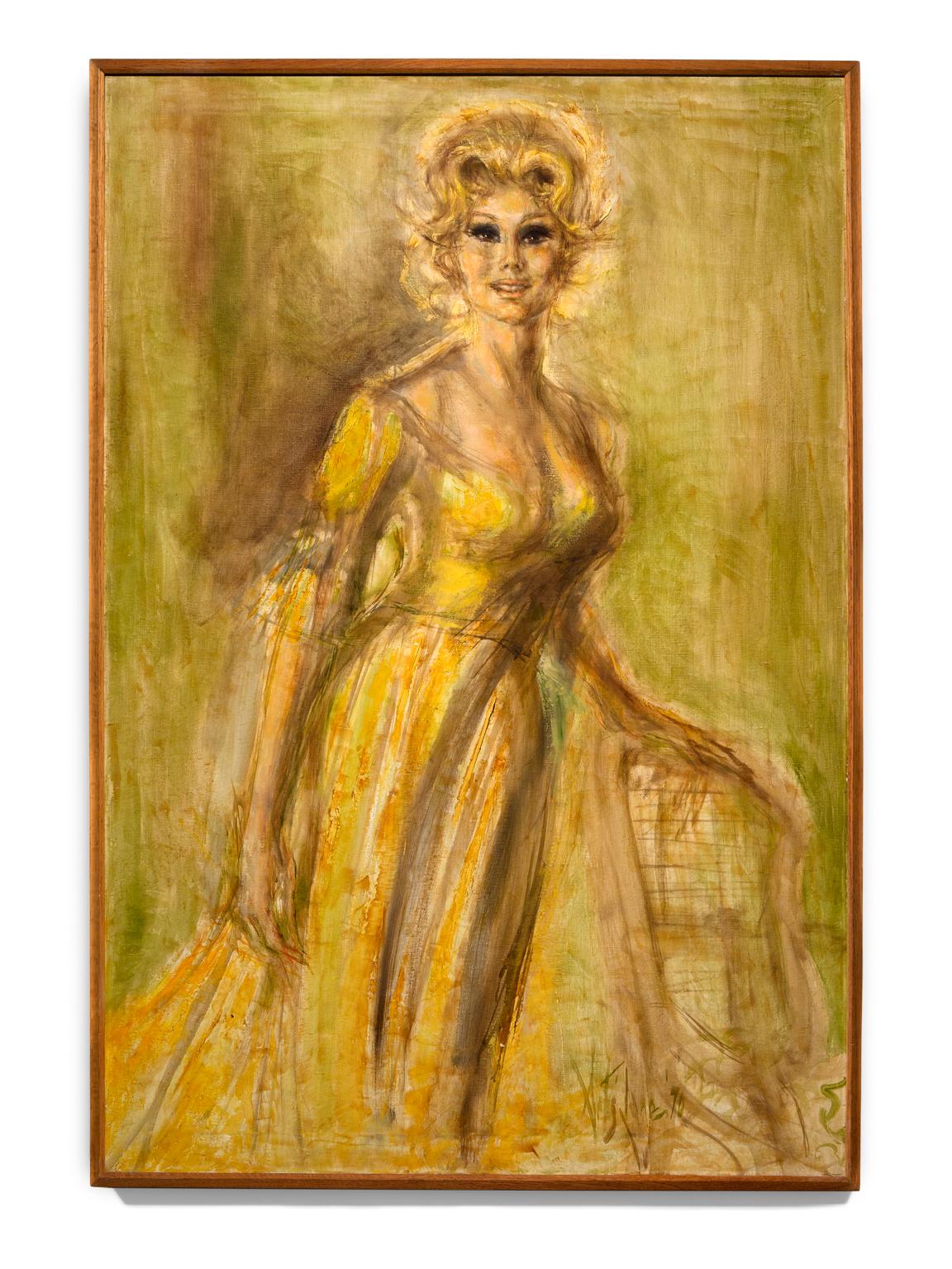 Artis Lane Portrait Painting - "Eva Gabor" Female Portrait, Golden Colors, Movie Star