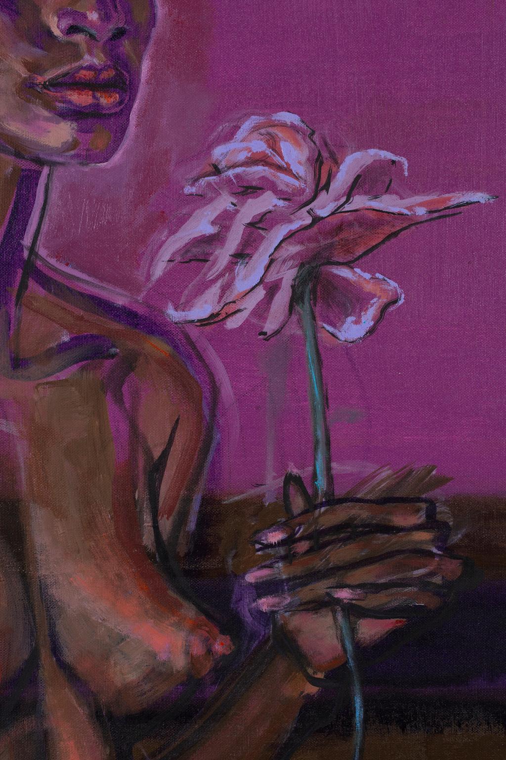 This acrylic on canvas from the seminal artist Artis Lane is one of the many model paintings from her long and illustrious career. The subject is a female nude in pose, holding a flower. Artis Lane, in her many nudes, chose to depict a diversity of