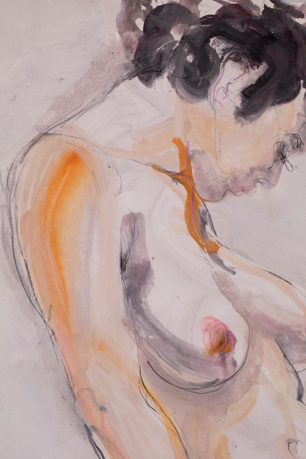 This mixed media on paper from the seminal artist Artis Lane is one of the many model paintings from her long and illustrious career. The subject is a nude standing in pose with her head turned downward. Artis Lane, in her many nudes, chose to