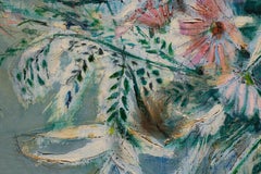 "Flowers in Pink Vase" Huile sur toile, peinture de nature morte, roses et verts riches