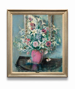 "Flowers in Pink Vase" Huile sur toile, peinture de nature morte, roses et verts riches