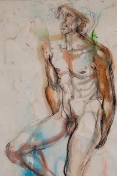 "Nude Male #2", Watercolor and Charcoal on Paper