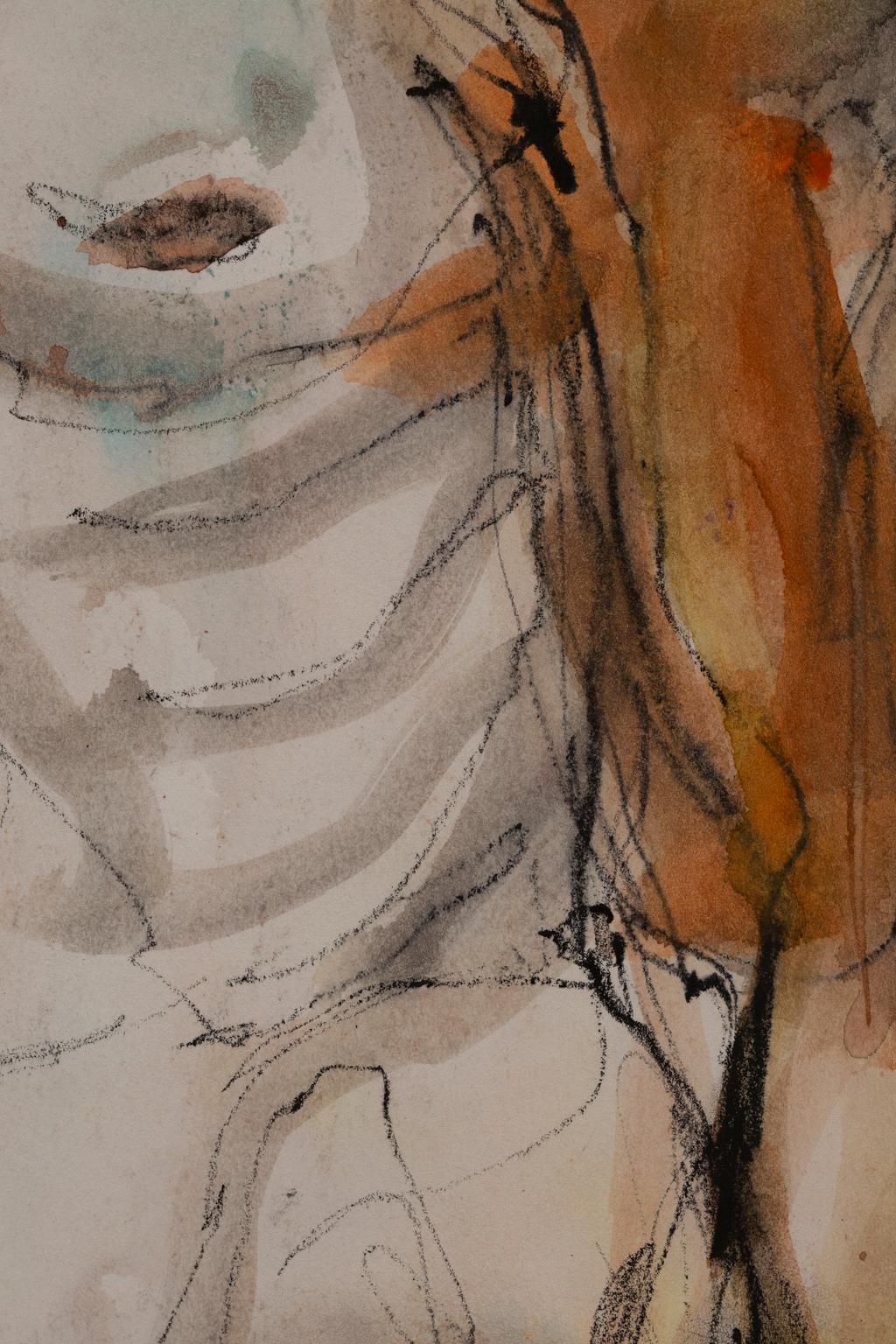 This watercolor and charcoal on paper from the seminal artist Artis Lane is one of the many model pictures from her long and illustrious career. The subject is a nude young man who is leaning back in pose. This work was recently exhibited adjunct to