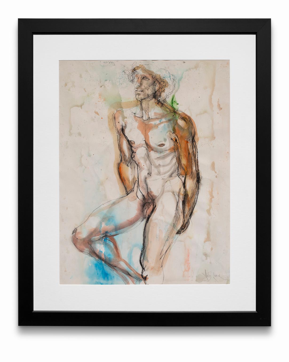 "Nude Male #2", Watercolor and Charcoal on Paper