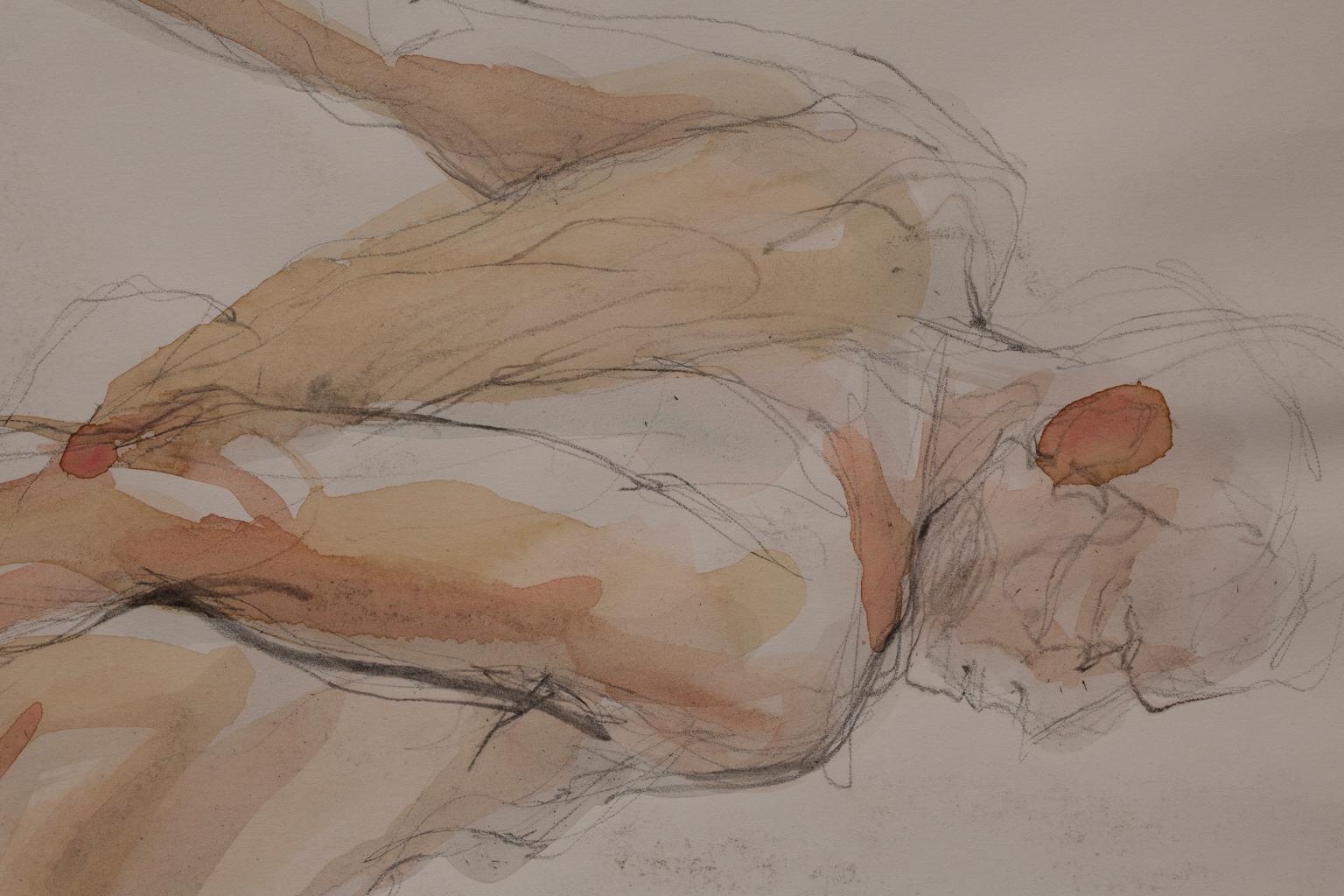 This watercolor and graphite on paper from the seminal artist Artis Lane is one of the many model paintings from her long and illustrious career. The subject is two nude males, one in pose and one in movement. Artis Lane, in her many nudes, chose to