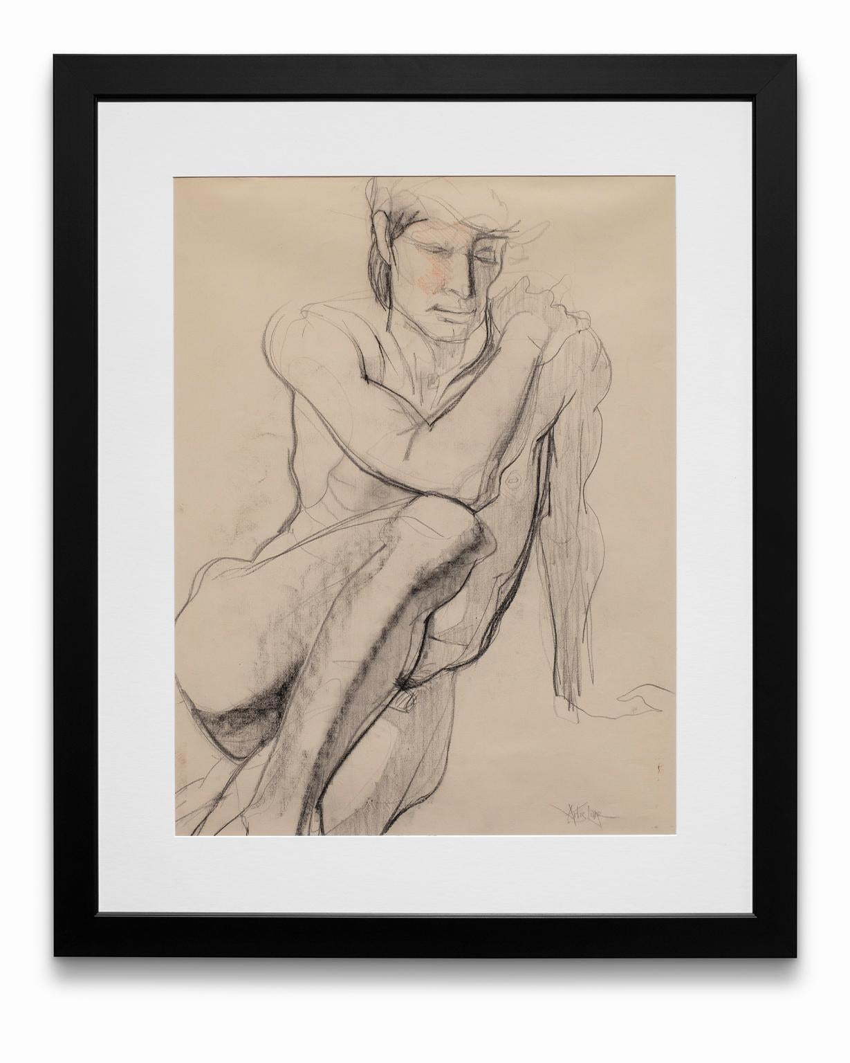 Artis Lane Nude Painting - "Seated Male Nude", Charcoal on Paper