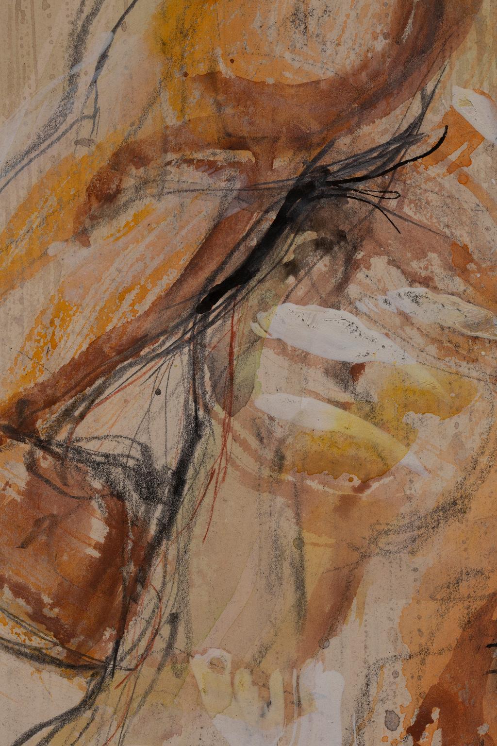 This mixed media on paper from the seminal artist Artis Lane is one of the many model paintings from her long and illustrious career. The subject is a nude male sitting with his hands behind his back in pose. Artis Lane, in her many nudes, chose to