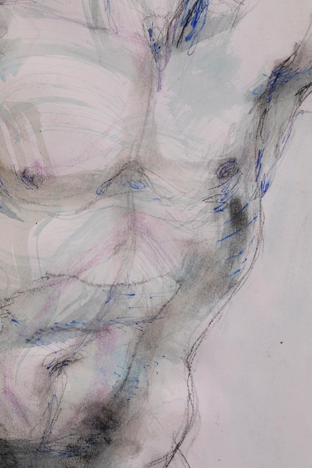 This mixed media on paper from the seminal artist Artis Lane is one of the many model paintings from her long and illustrious career. The subject is a nude male standing in pose. Artis Lane, in her many nudes, chose to depict a diversity of bodies,