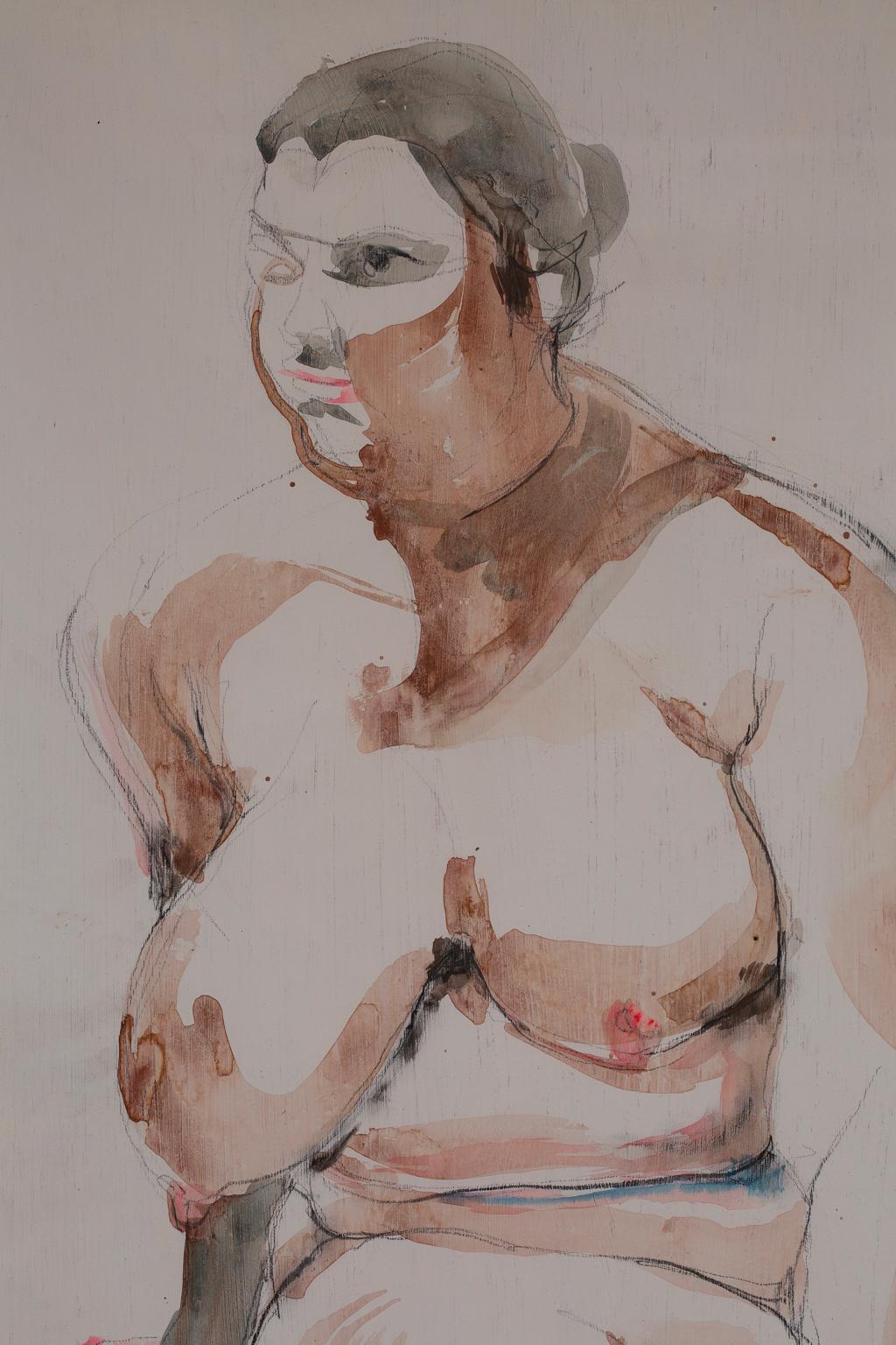 „ „Study in Brown““, Mixed Media auf Papier (Grau), Nude Painting, von Artis Lane