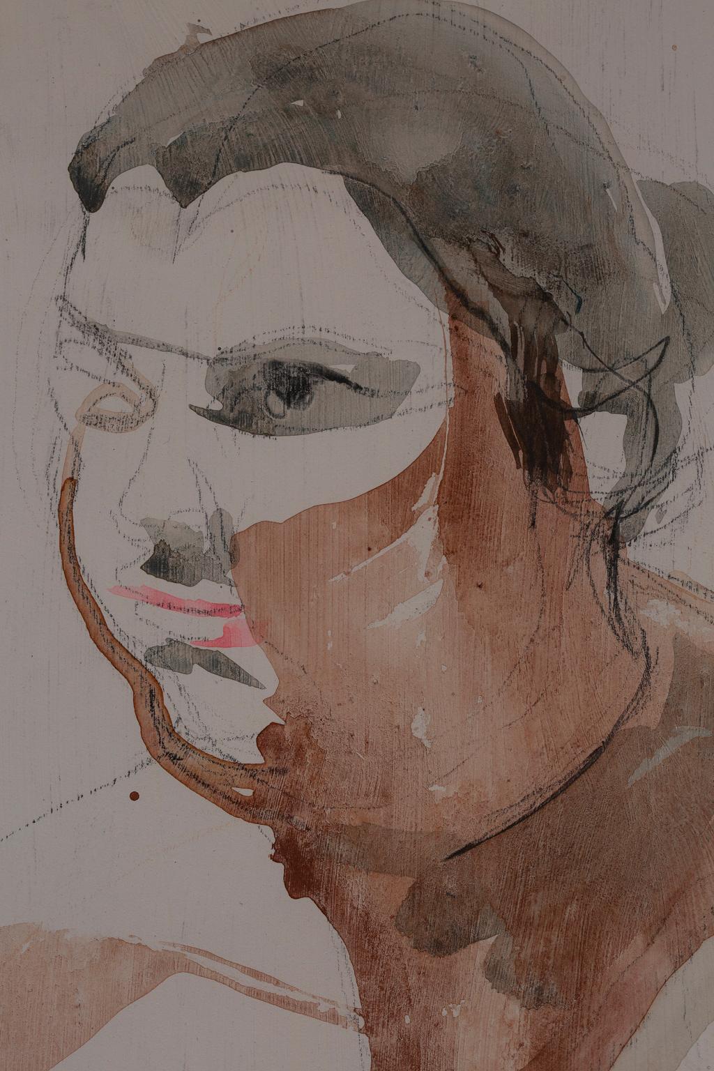 This mixed media on paper from the seminal artist Artis Lane is one of the many model paintings from her long and illustrious career. The subject is a large woman who is seated sideways in pose. Artis Lane, in her many nudes, chose to depict a