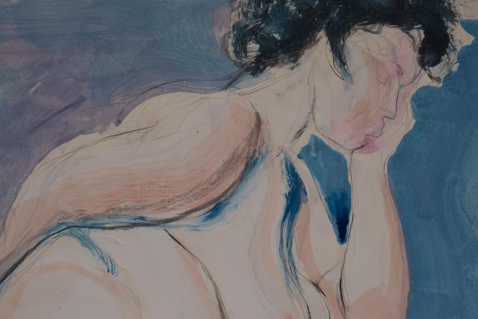This acrylic and graphite on paper from the seminal artist Artis Lane is one of the many model paintings from her long and illustrious career. The subject is a large woman who is bent over in pose. Artis Lane, in her many nudes, chose to depict a