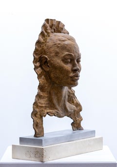 "Madonna" Bronze Sculpture with Patina, Marble base, Figurative, Female