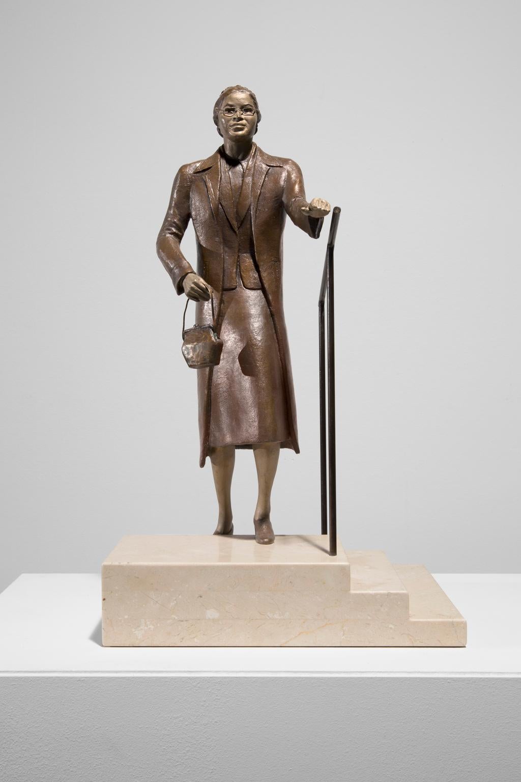 Artis Lane Figurative Sculpture - "Rosa Parks Ascending Steps" Bronze, Portrait, Iconic Figure, Historical Scene