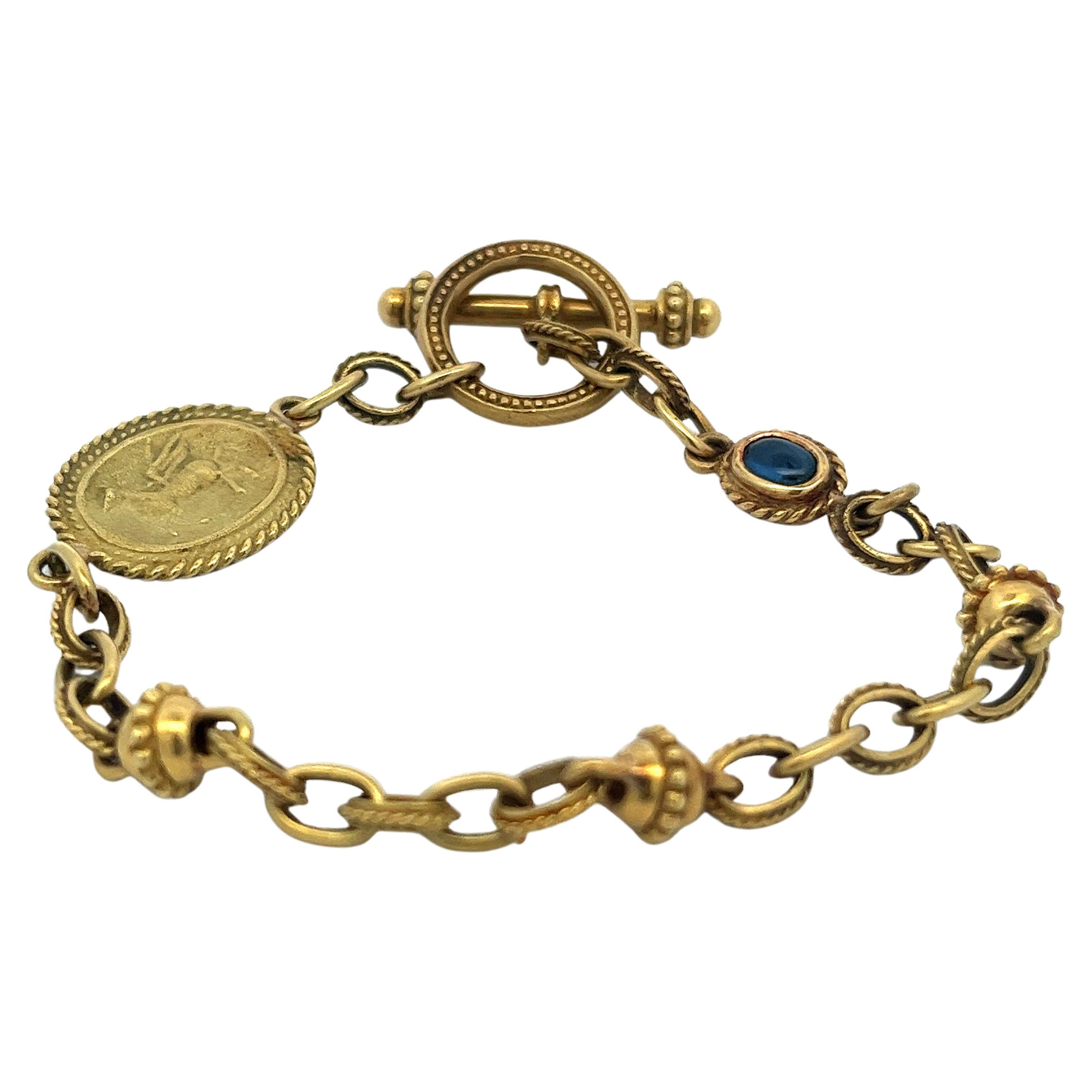 
This exquisite bracelet is a representation of Victorian elegance, meticulously crafted from 18 Karat yellow gold. It features a series of artisan links, culminating in a stunning Pegasus motif that adds an air of mythological charm. The central