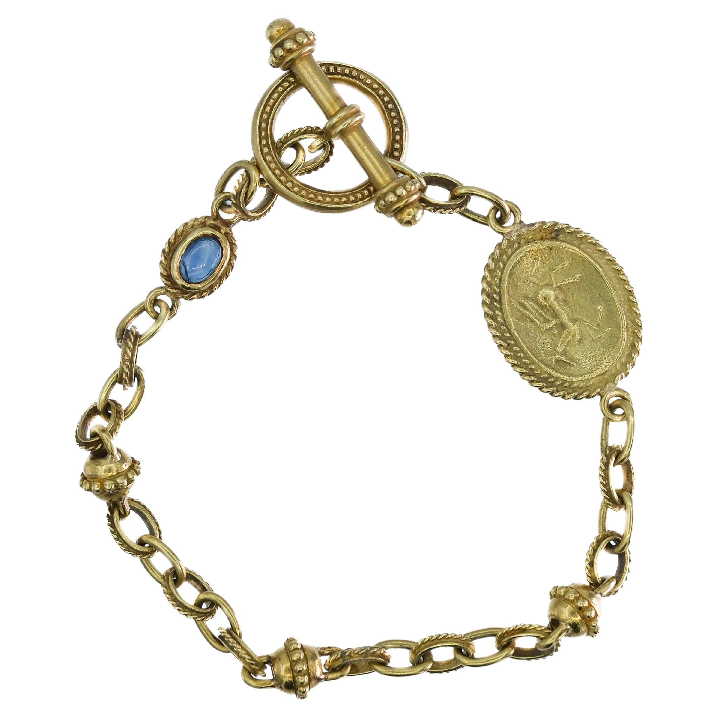 Artisan 18 Karat Yellow Gold Victorian Style Bracelet with Pegasus & Sapphire 