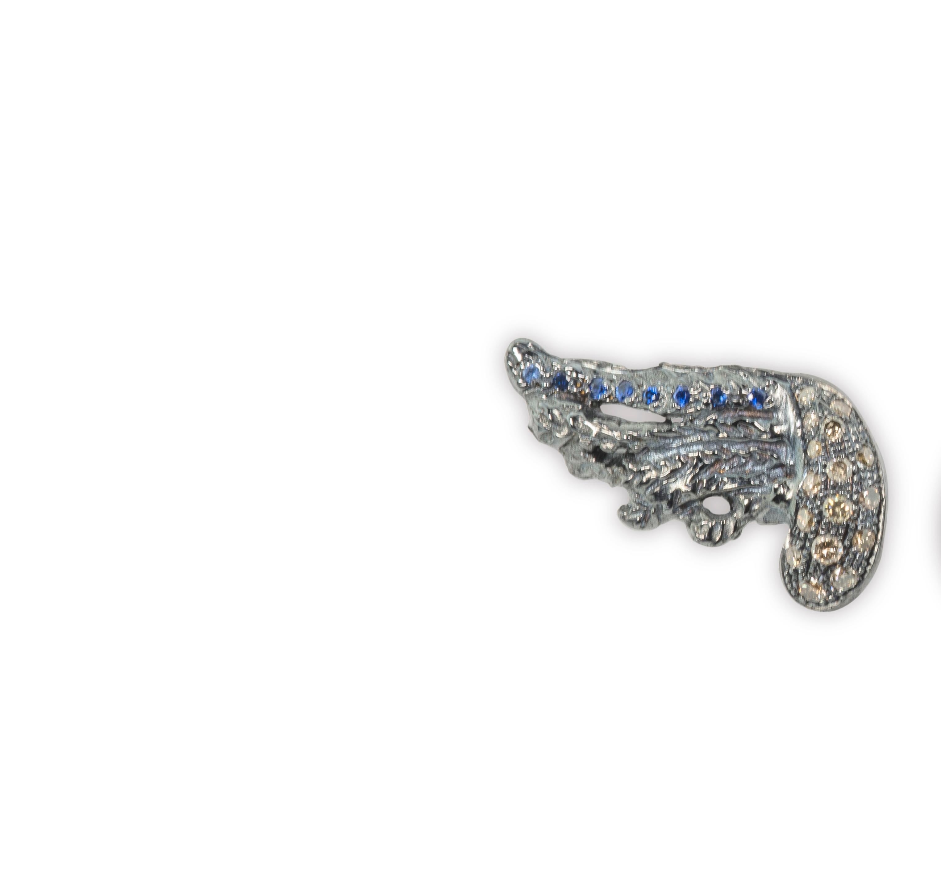 Artisan Rossella Ugolini  18K Gold 0.30K Diamonds Feather Blue Sapphires Stud Earrings For Sale
