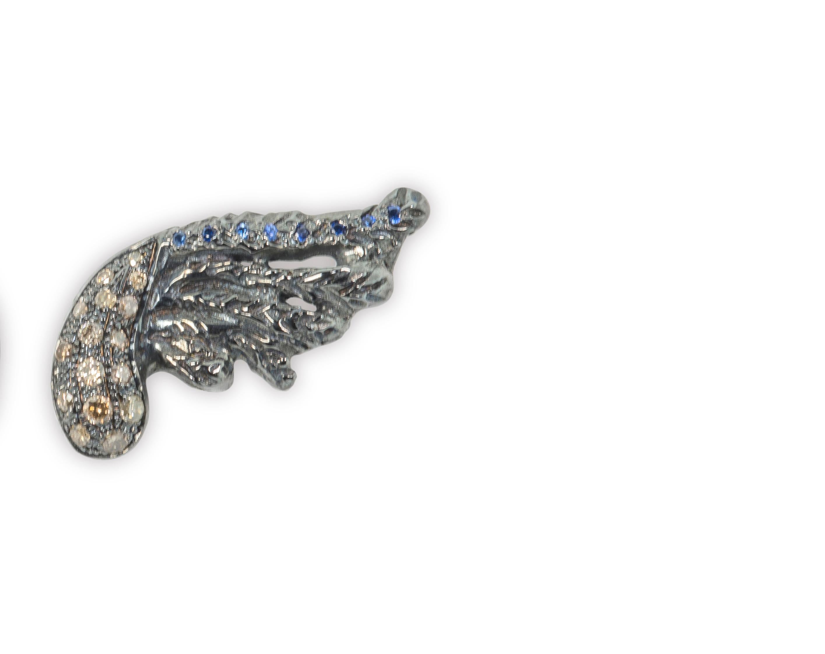 Brilliant Cut Rossella Ugolini  18K Gold 0.30K Diamonds Feather Blue Sapphires Stud Earrings For Sale