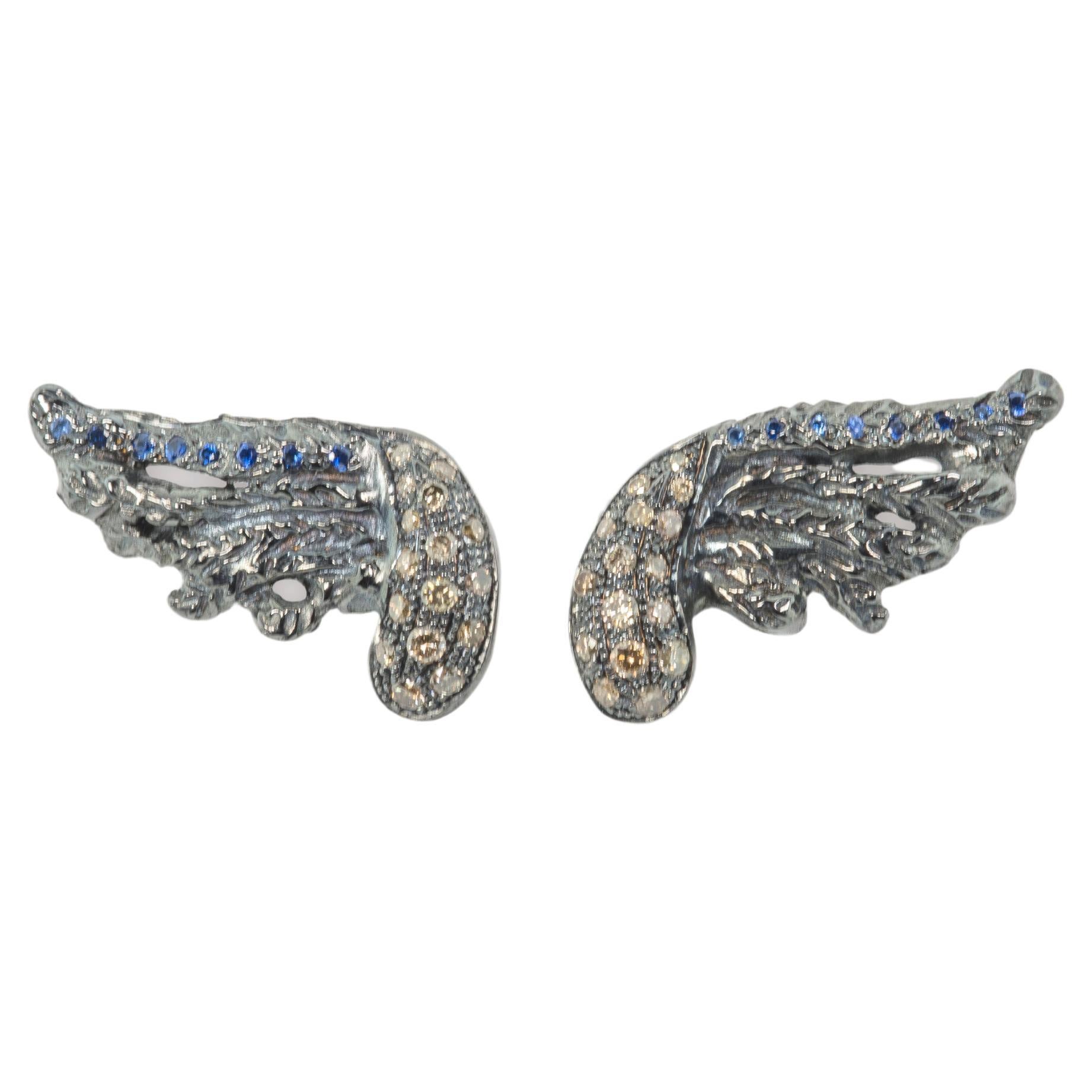 Rossella Ugolini  18K Gold 0.30K Diamonds Feather Blue Sapphires Stud Earrings