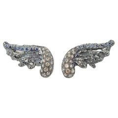 Rossella Ugolini 18K Gold 0.30 Diamonds Feather Blue Sapphires Stud Man Earrings