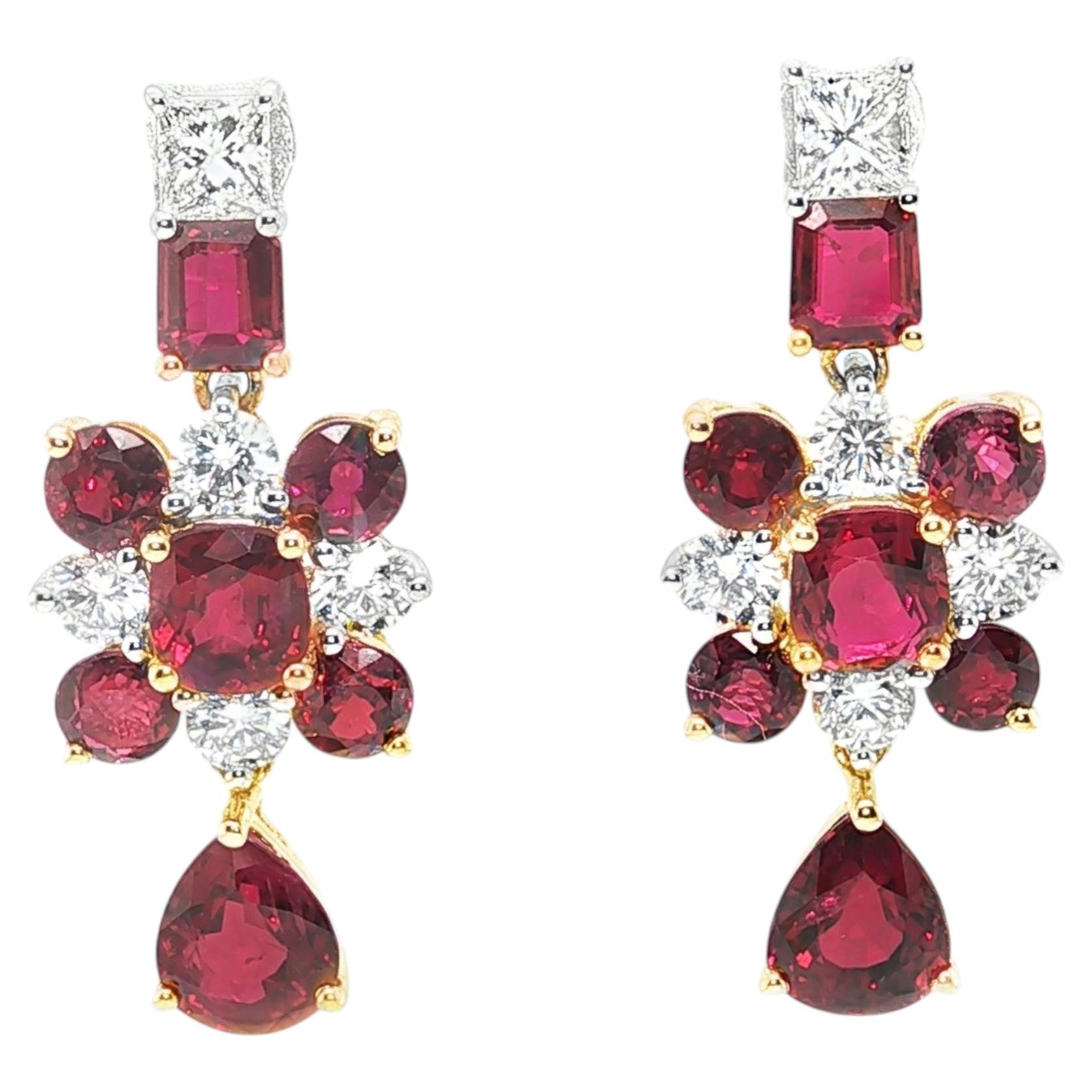 Artisan 18k Gold Ruby & Diamond Dangle Earrings, 5.32 Carats Total Weight For Sale