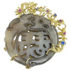 Artisan 1980er Jahre Signierte 14k Gold Jade Saphir Rubin Pin Brosche