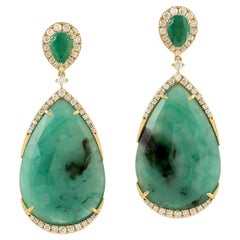 Artisan 28.55ct Pear Emerald Drop Earrings With Diamonds In 18K Yellow Gold