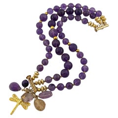 Artisan Amethyst Charm Bracelet, 22K Gold Plated Dragonfly, 11mm Beads