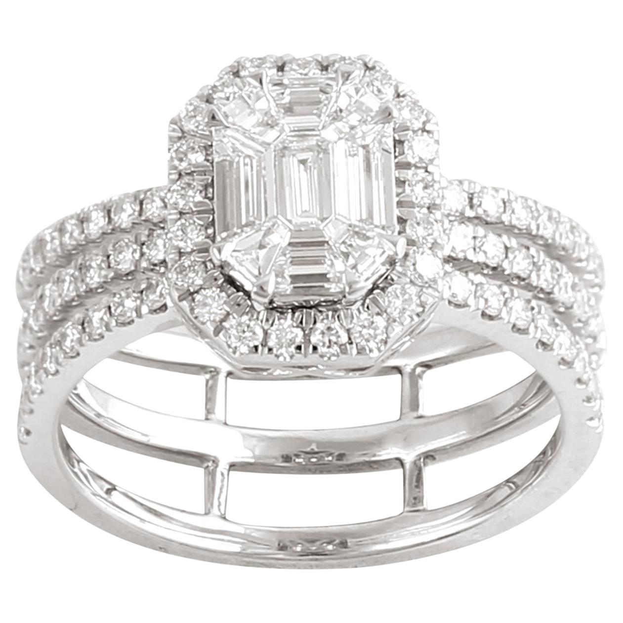Anello di fidanzamento artigianale con diamante a baguette in oro bianco 18K in vendita