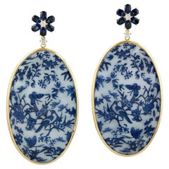 Artisan Bakelite Drop Earrings With Sapphire & Diamond In 18K Yellow Gold