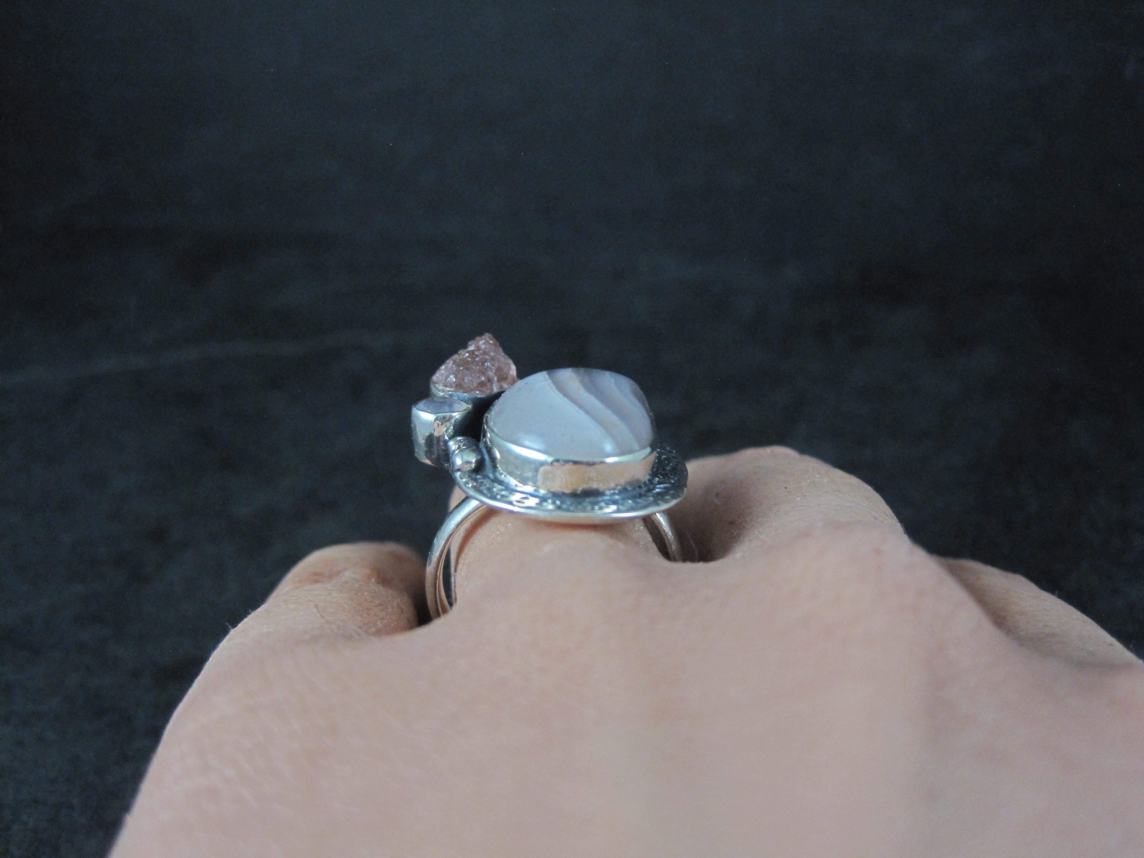 Anello artigianale a fascia di agata, quarzo rosa e tormalina rosa A. Silver in vendita 6