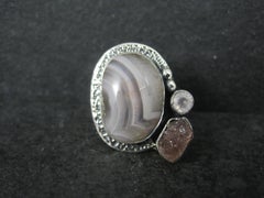 Artisan Banded Agate Rose Quartz and Pink Tourmaline Ring Sterling Silver