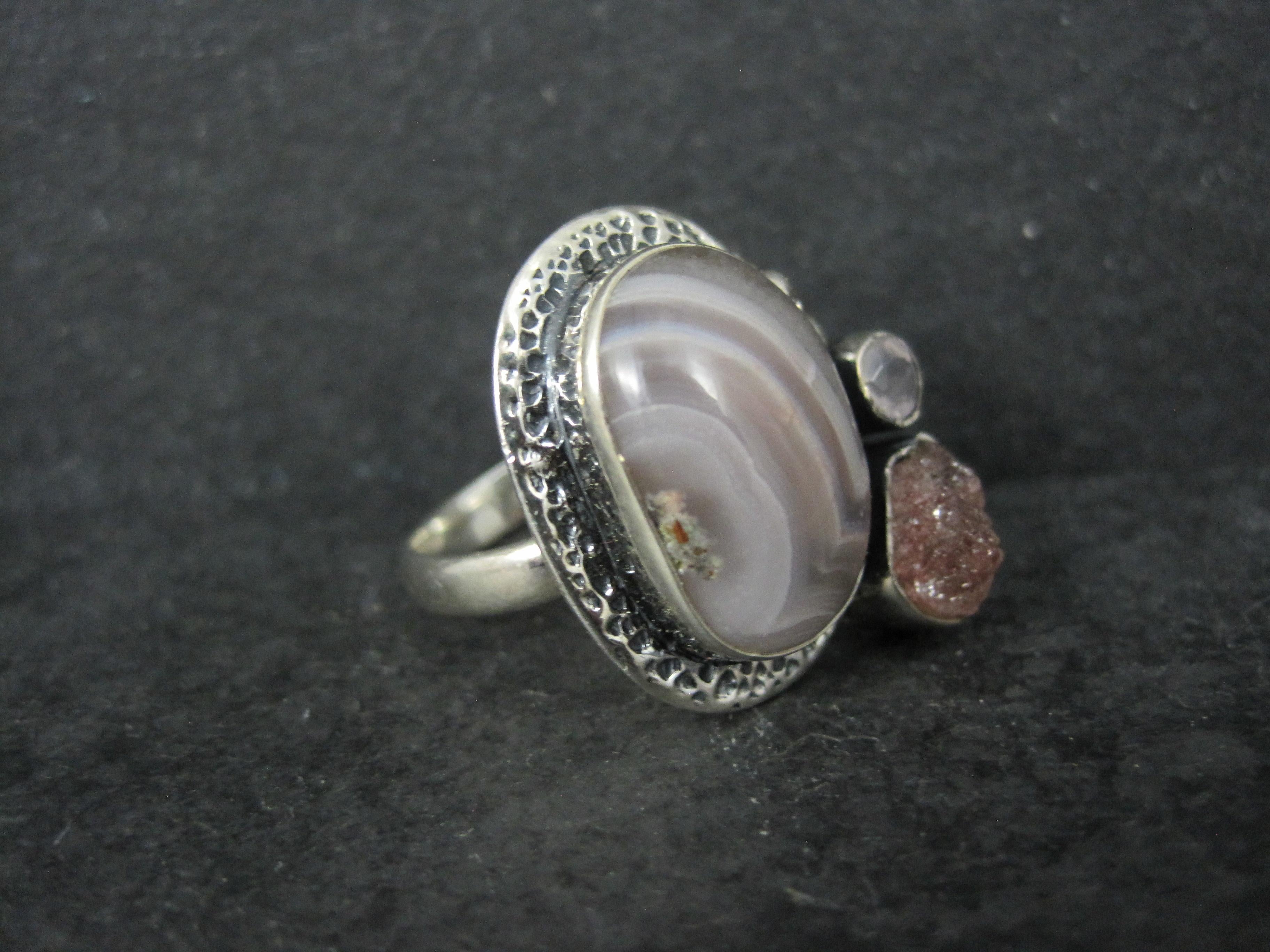 Artigiano Anello artigianale a fascia di agata, quarzo rosa e tormalina rosa A. Silver in vendita