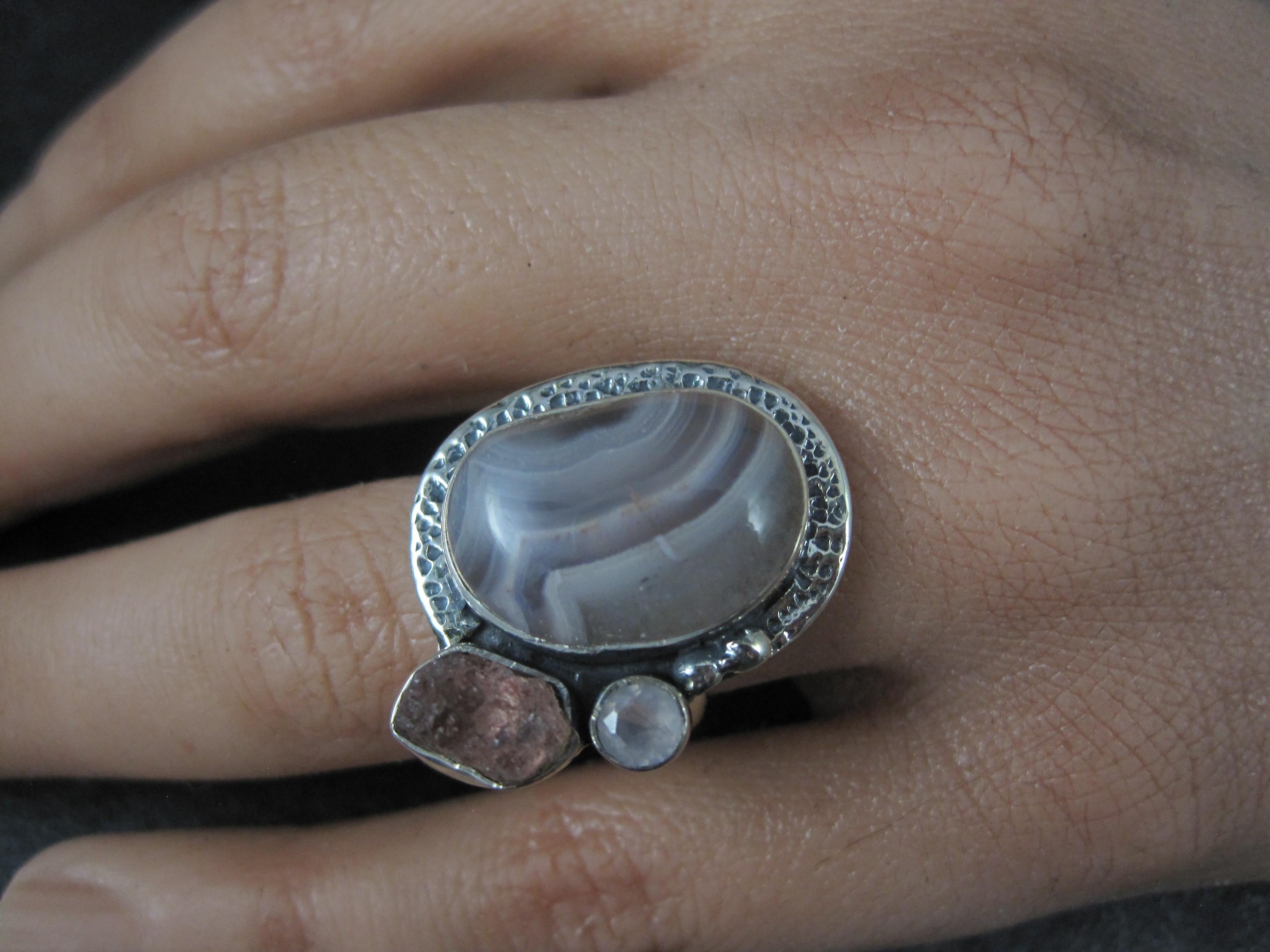 Anello artigianale a fascia di agata, quarzo rosa e tormalina rosa A. Silver in vendita 3