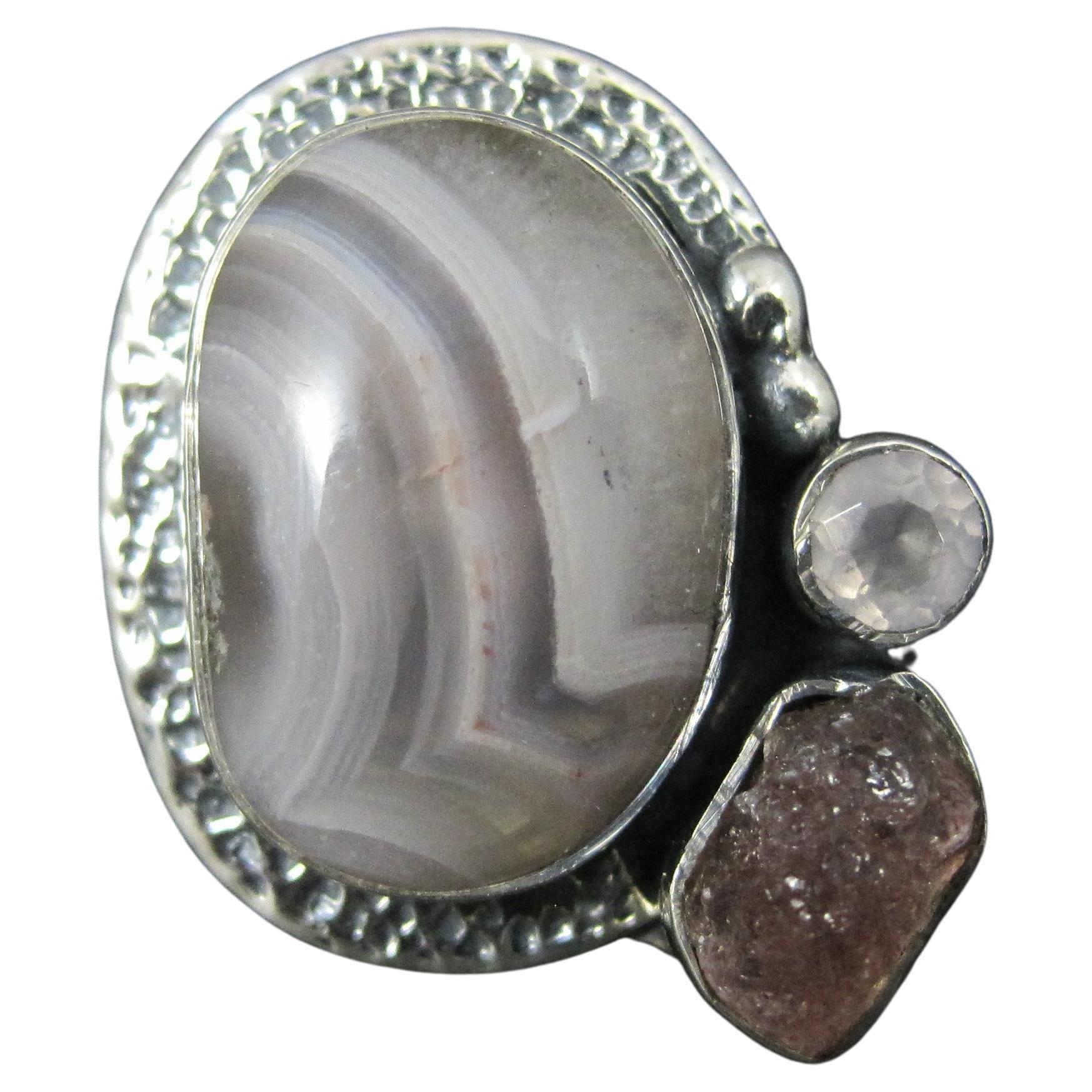 Artisan Banded Agate Rose Quartz and Pink Tourmaline Ring Sterling Silver