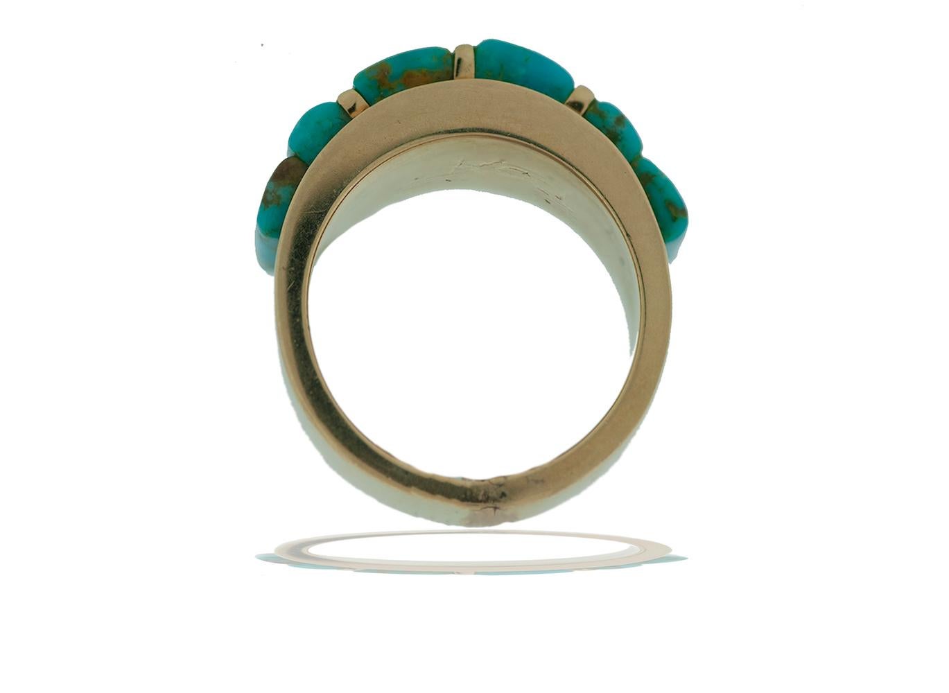 Baguette Cut Artisan Beveled Turquoise Ring 14 Karat Yellow Gold Wide Dome 