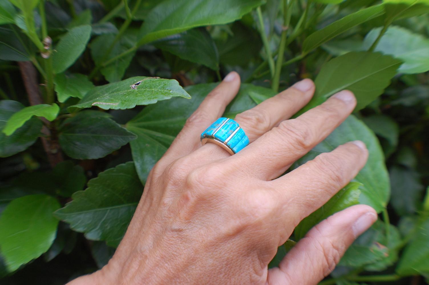 Women's or Men's Artisan Beveled Turquoise Ring 14 Karat Yellow Gold Wide Dome 