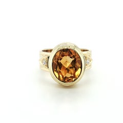 Artisan Bezel Set Citrine & Diamond Handmade Engraved Band Ring 18k Yellow Gold